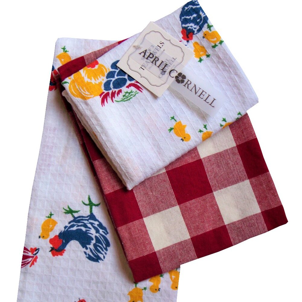 April Cornell 3 Pc. Cotton Kitchen Tea Towel Set Red White Roosters Chick Checks